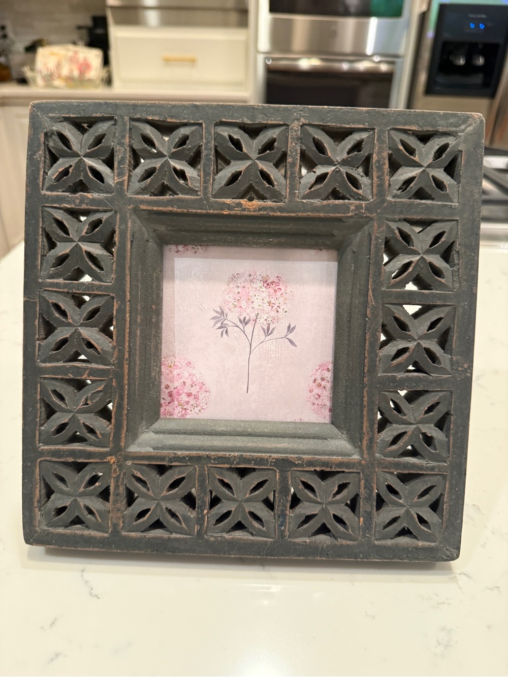 Hand Carved Wood Photo Frame Black Distressed Boho Farmhouse 3.5”x3.5”
